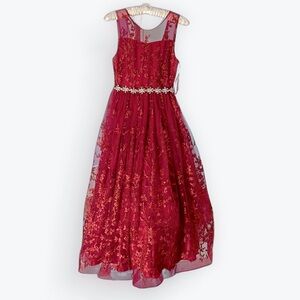 Dark Red Pageant Rhinestone Maxi Dress Lacy Floral Lace-Up Back Fit & Flare ~ 10
